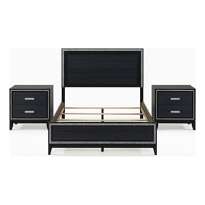 Queen Size Bedroom Set- Black Finish- 3-Piece Set with Bed and Two Nightstands