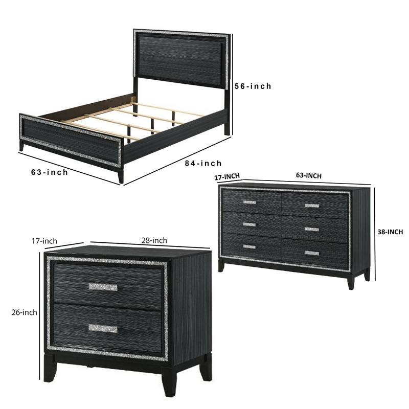 Queen Size Bedroom Set- Black- 4-Piece Set with Bed- 2 Nightstand-Dresser