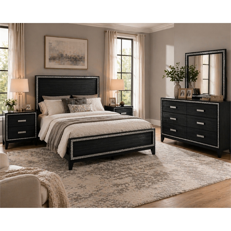 Queen Size Bedroom Set- Black- 4-Piece Set with Bed- 2 Nightstand-Dresser
