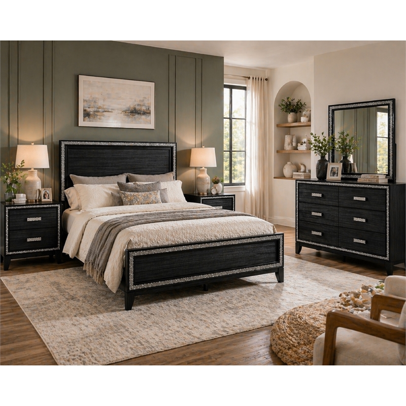 Queen Size Bedroom Set- Black- 4-Piece Set with Bed- 2 Nightstand-Dresser