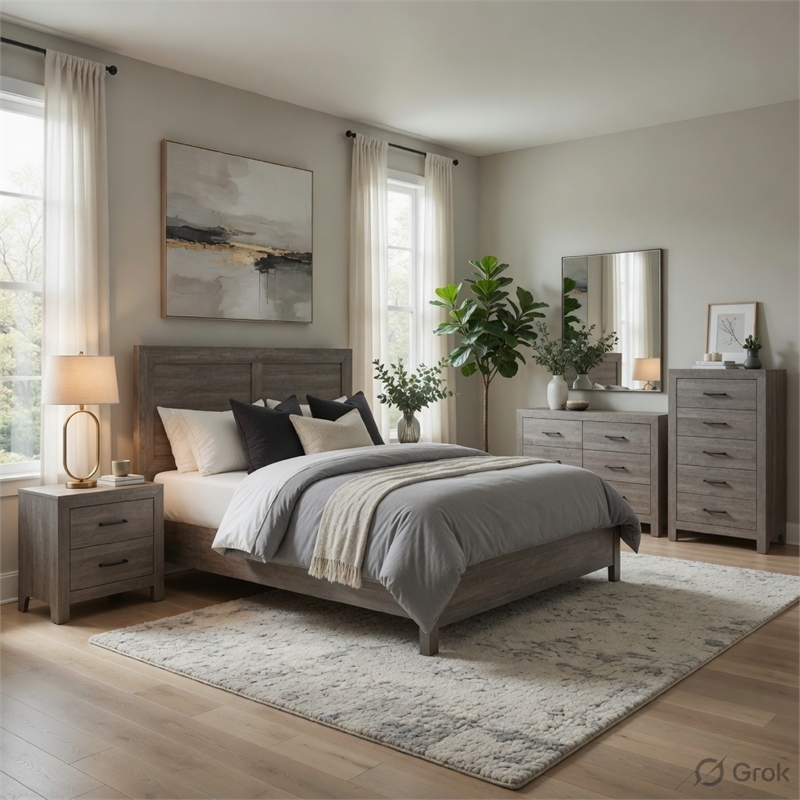 Queen Size Bedroom Set-Panel Headboard-5-Piece Set-Bed-2Nightstand-Dresser-Chest