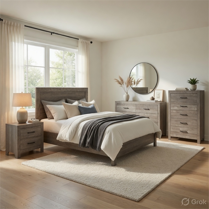 Queen Size Bedroom Set-Wood Design-Gray-4-Piece Set-Bed-Nightstand-Dresser-Chest