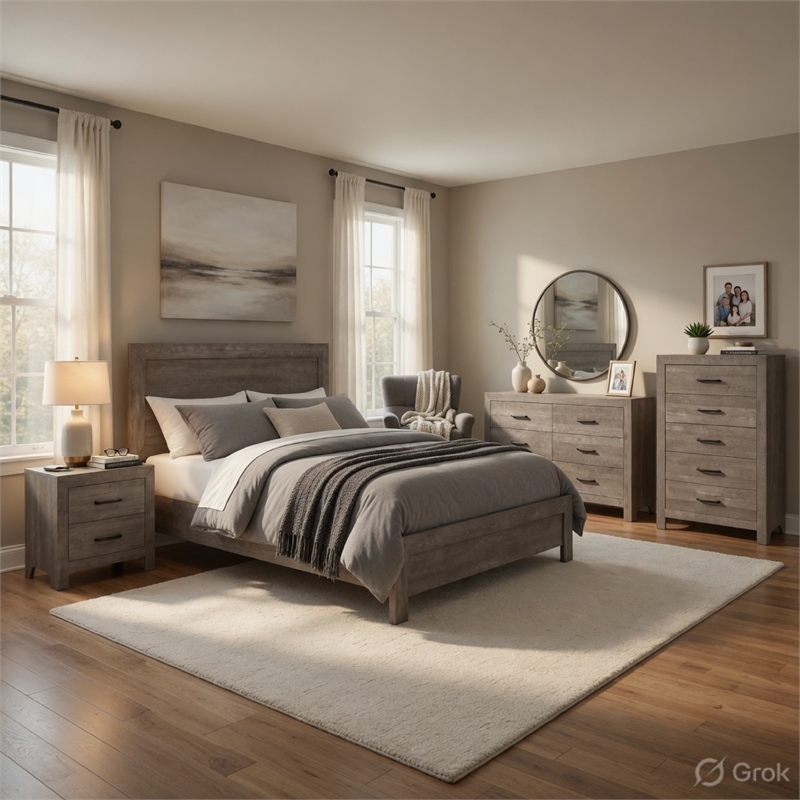 Queen Size Bedroom Set-Wood Design-Gray-4-Piece Set-Bed-Nightstand-Dresser-Chest