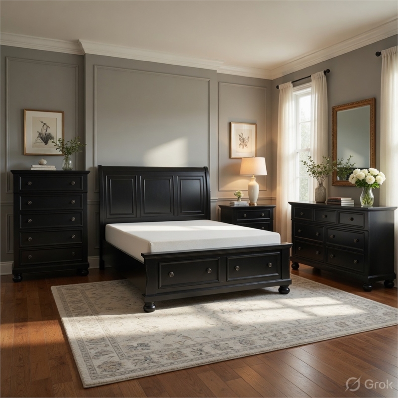 Queen Size Bedroom Set-Wood Design-Black- 4-Piece Set -Bed- Nightstands-Dresser