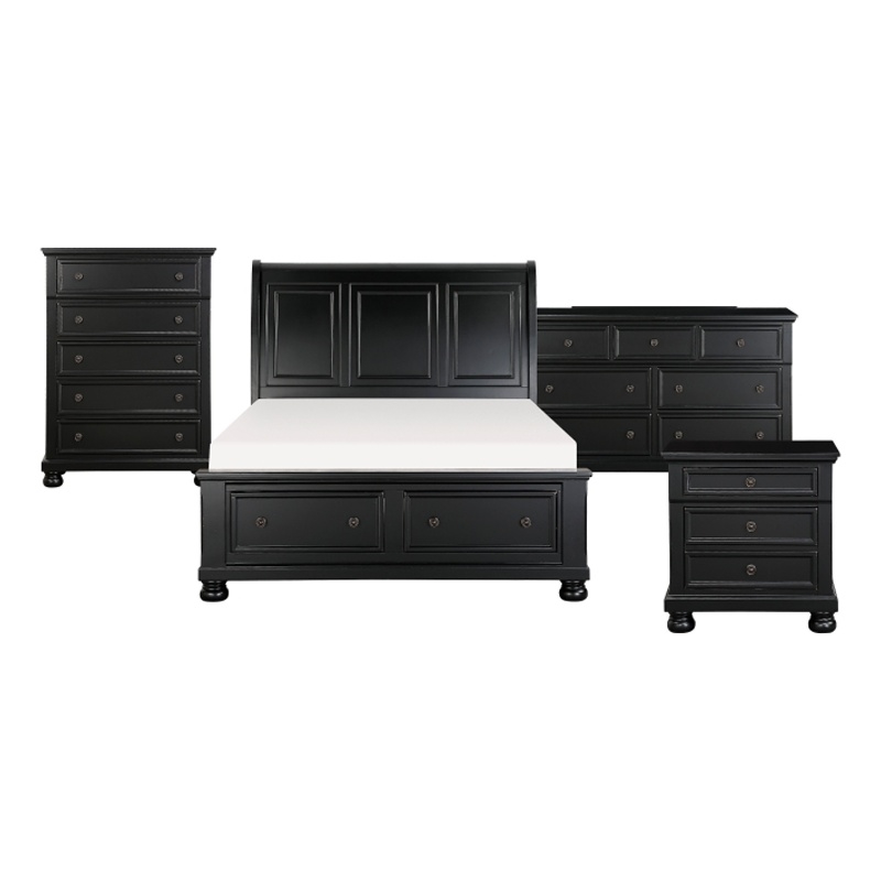Queen Size Bedroom Set-Wood Design-Black- 4-Piece Set -Bed- Nightstands-Dresser