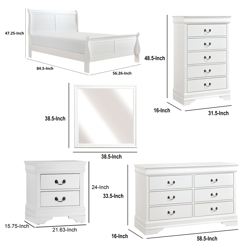 Full Size Bedroom Set-White-5-Piece Set with Bed-Dresser-Mirror-Chest-Nightstand