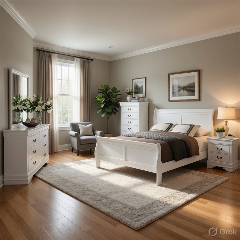 Full Size Bedroom Set-White-5-Piece Set with Bed-Dresser-Mirror-Chest-Nightstand