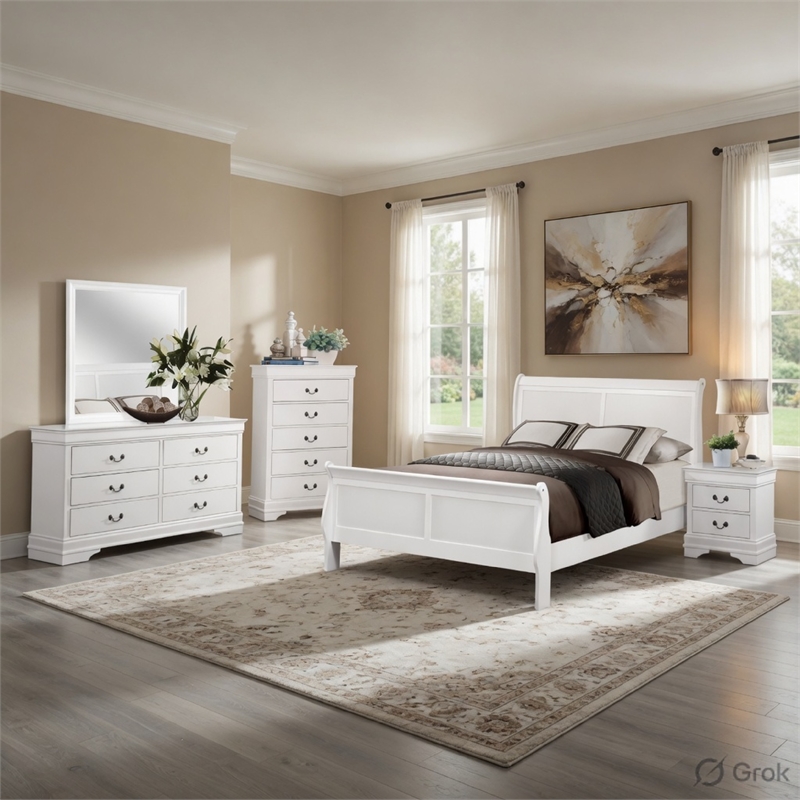 Full Size Bedroom Set-White-5-Piece Set with Bed-Dresser-Mirror-Chest-Nightstand