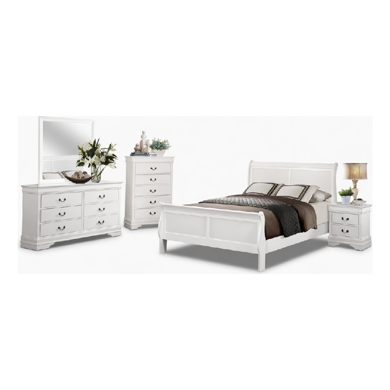 Full Size Bedroom Set-White-5-Piece Set with Bed-Dresser-Mirror-Chest-Nightstand