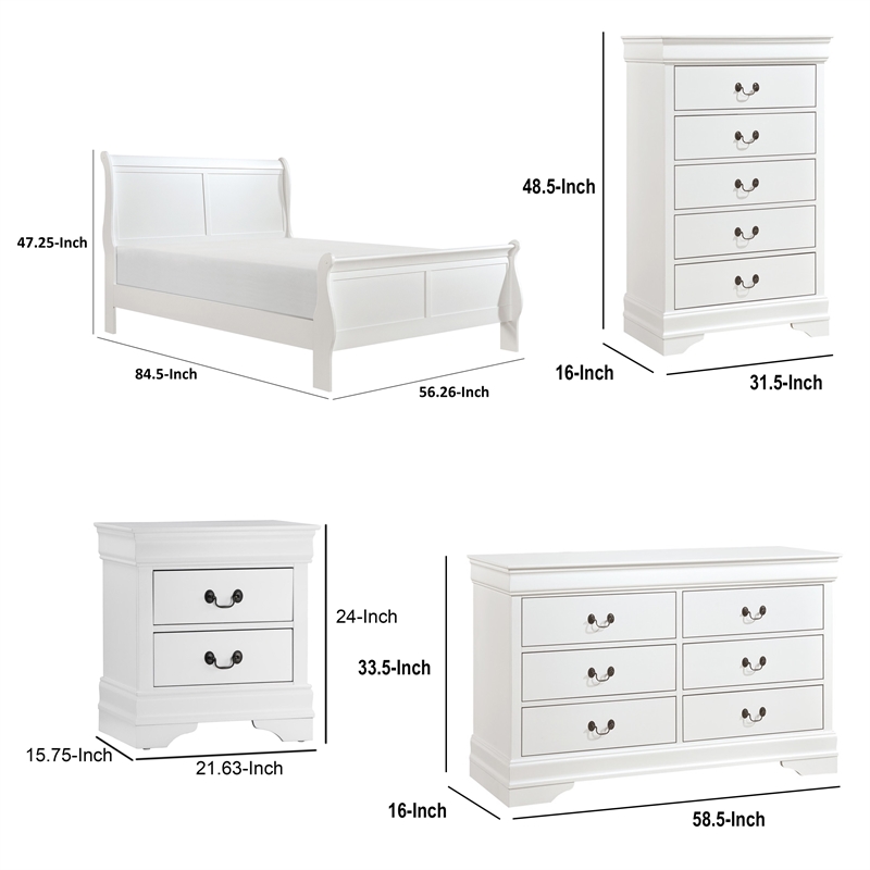 Full Size Bedroom Set-Wood Design-White-4-Piece Set -Bed-Nightstand-Dresser