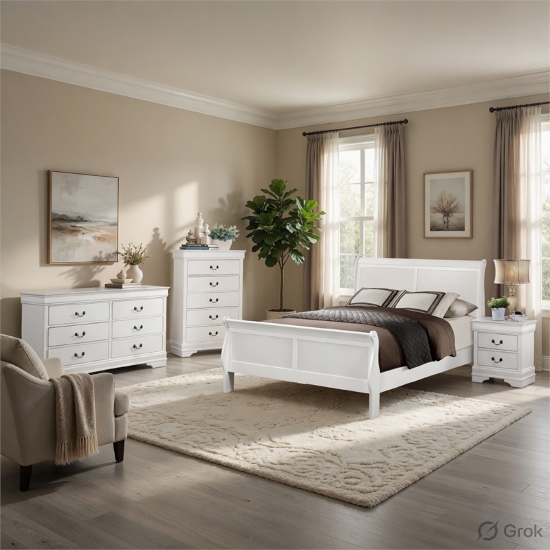 Full Size Bedroom Set-Wood Design-White-4-Piece Set -Bed-Nightstand-Dresser