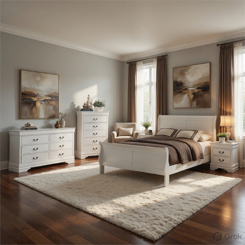 Full Size Bedroom Set-Wood Design-White-4-Piece Set -Bed-Nightstand-Dresser
