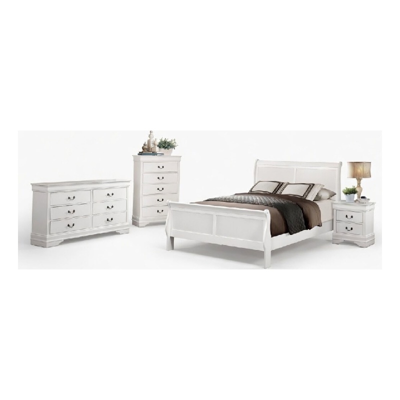 Full Size Bedroom Set-Wood Design-White-4-Piece Set -Bed-Nightstand-Dresser