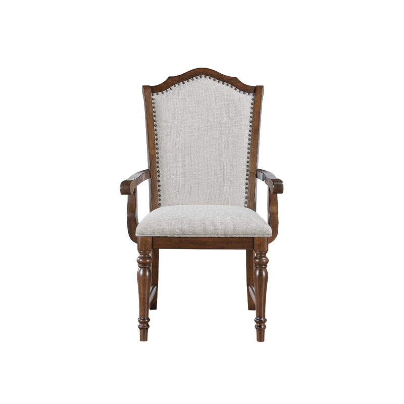 Feva Dining Armchair Set of 2- Scallop Back- Gray Polyester- Cherry Brown