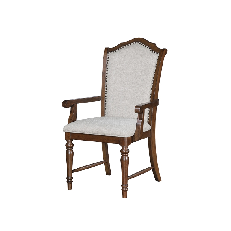 Feva Dining Armchair Set of 2- Scallop Back- Gray Polyester- Cherry Brown