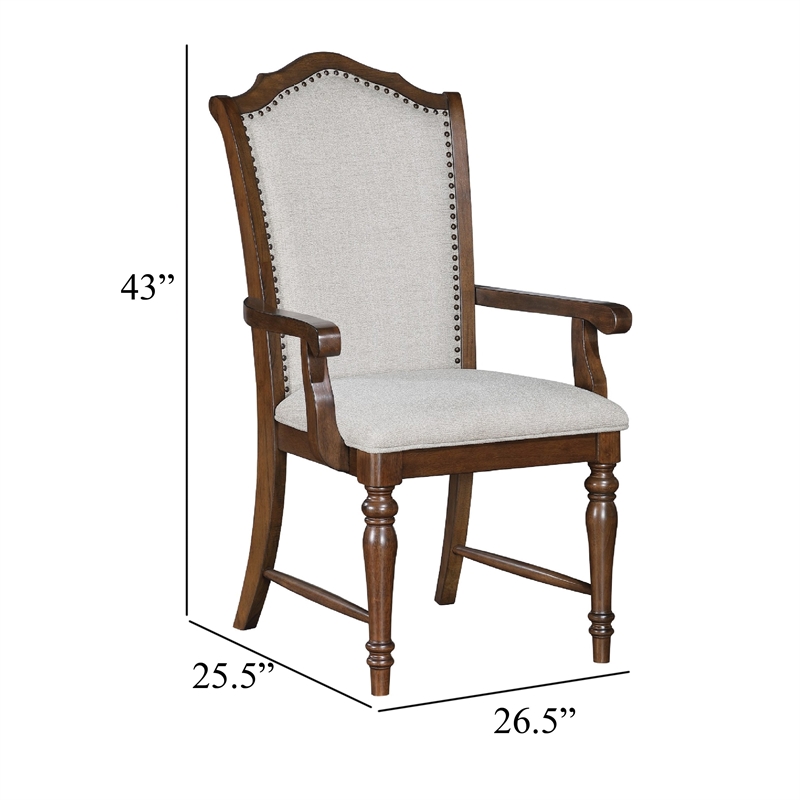 Feva Dining Armchair Set of 2- Scallop Back- Gray Polyester- Cherry Brown