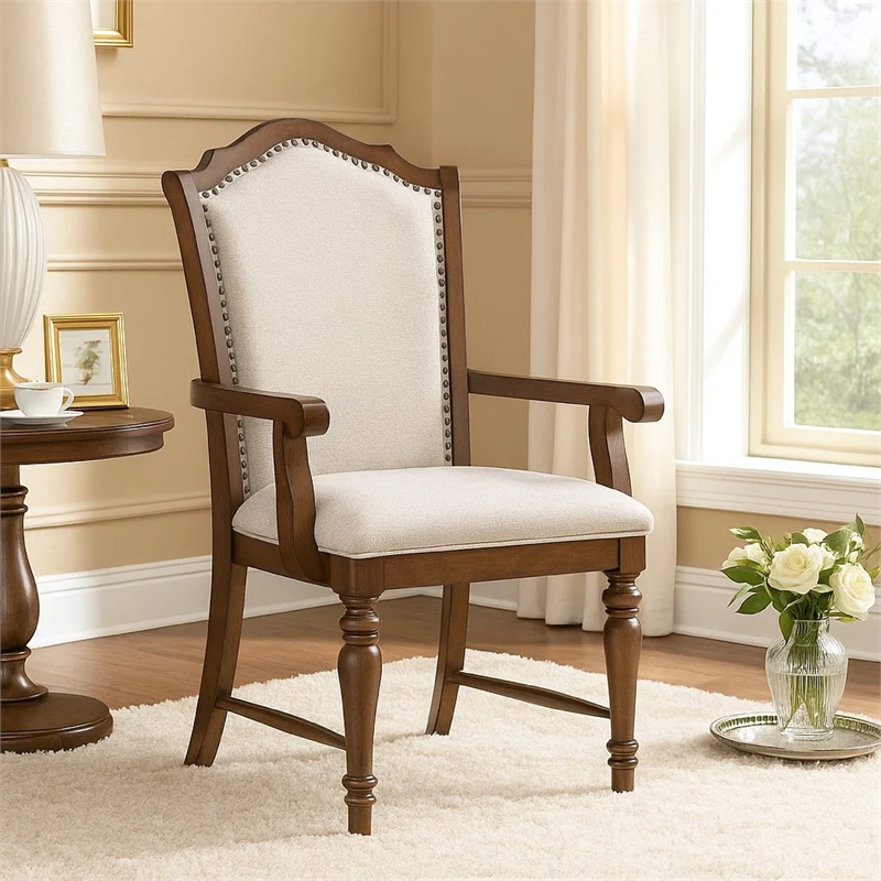 Feva Dining Armchair Set of 2- Scallop Back- Gray Polyester- Cherry Brown