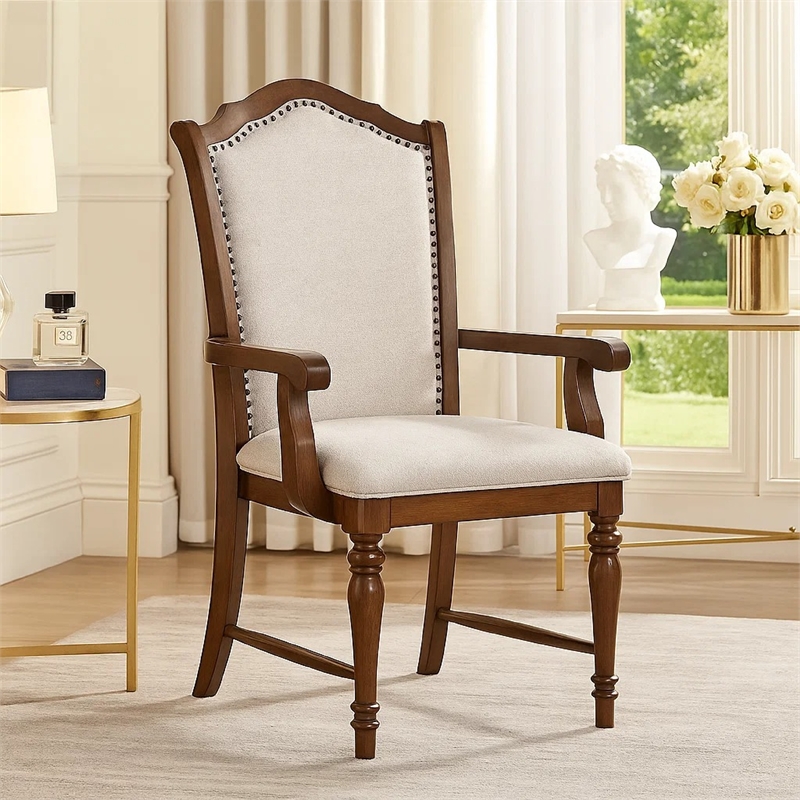 Feva Dining Armchair Set of 2- Scallop Back- Gray Polyester- Cherry Brown