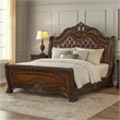 Ruth King Bed- Faux Leather Headboard with Burl Inlays- Mahogany Brown