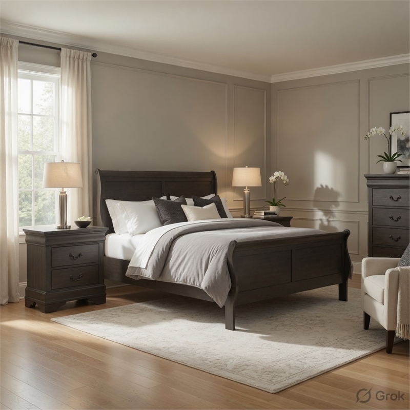Queen Size Bedroom Set- Gray Finish- 3-Piece Set with Bed and Two Nightstands