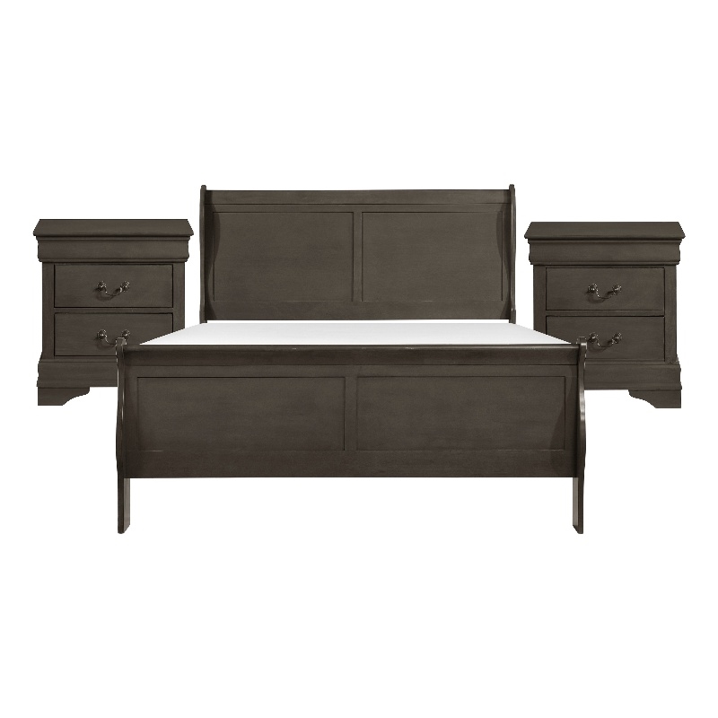 Queen Size Bedroom Set- Gray Finish- 3-Piece Set with Bed and Two Nightstands