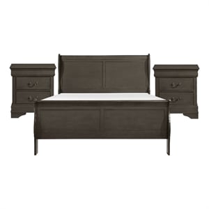 Queen Size Bedroom Set- Gray Finish- 3-Piece Set with Bed and Two Nightstands