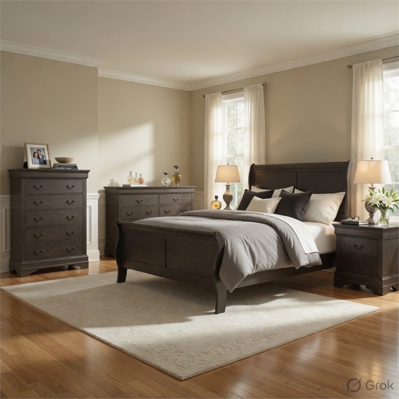 Queen Size Bedroom Set-Panel Headboard-5-Piece Set-Bed-2Nightstand-Dresser-Chest