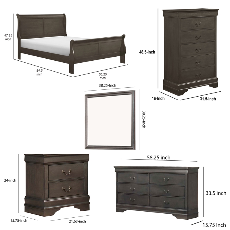 Full Size Bedroom Set- Gray-5-Piece Set-Bed-Dresser-Mirror-Chest-Nightstand