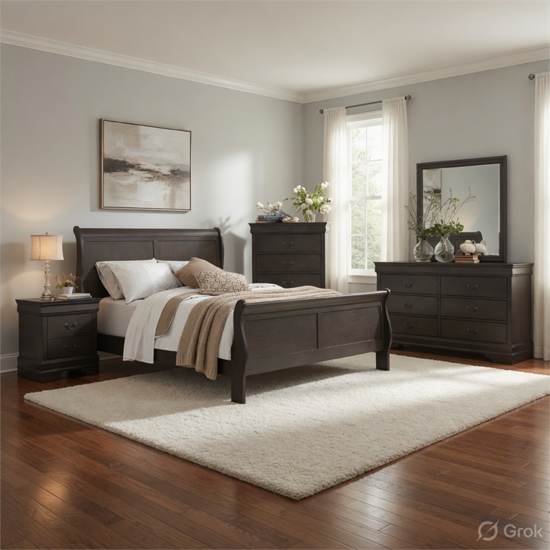 Full Size Bedroom Set- Gray-5-Piece Set-Bed-Dresser-Mirror-Chest-Nightstand