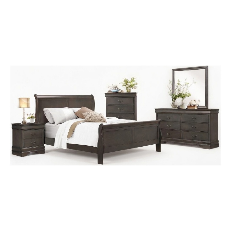 Full Size Bedroom Set- Gray-5-Piece Set-Bed-Dresser-Mirror-Chest-Nightstand
