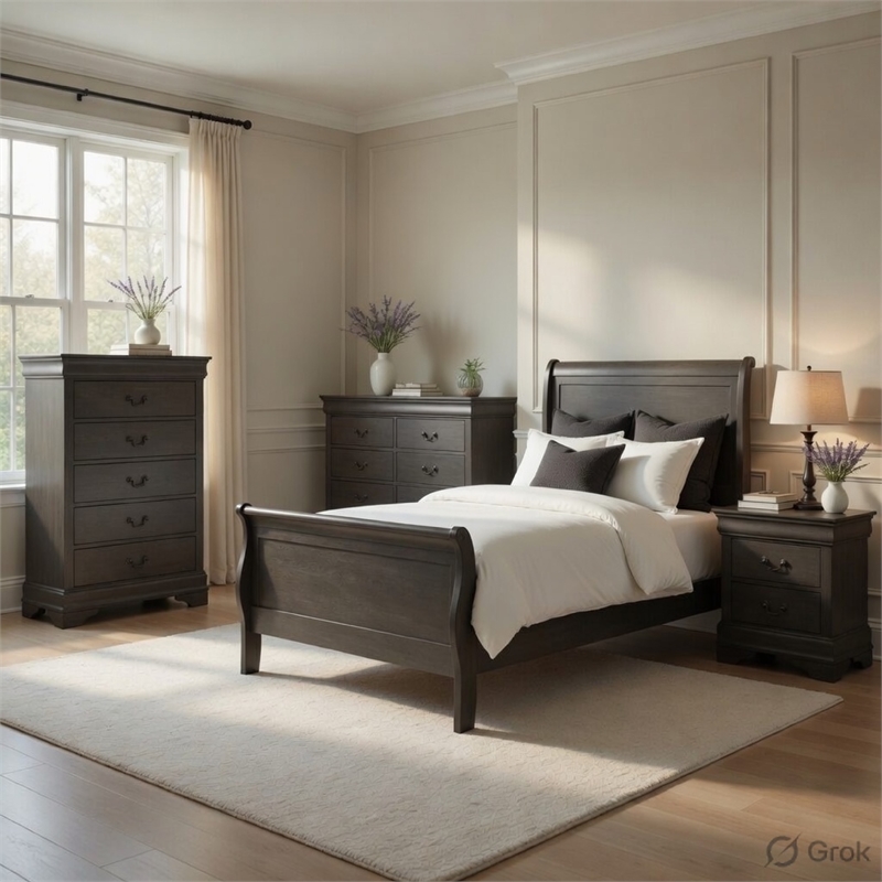 Full Size Bedroom Set-Wood Design-Gray-4-Piece Set -Bed-Nightstands-Dresser
