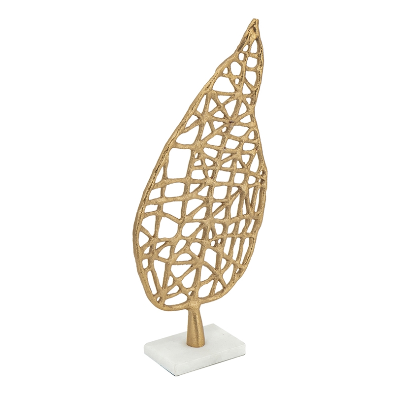 Leaf Tabletop Decor Sculpture- 16 Inch Gold Metal on White Marble Base