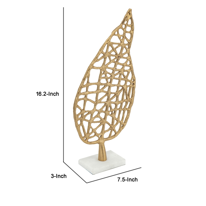 Leaf Tabletop Decor Sculpture- 16 Inch Gold Metal on White Marble Base