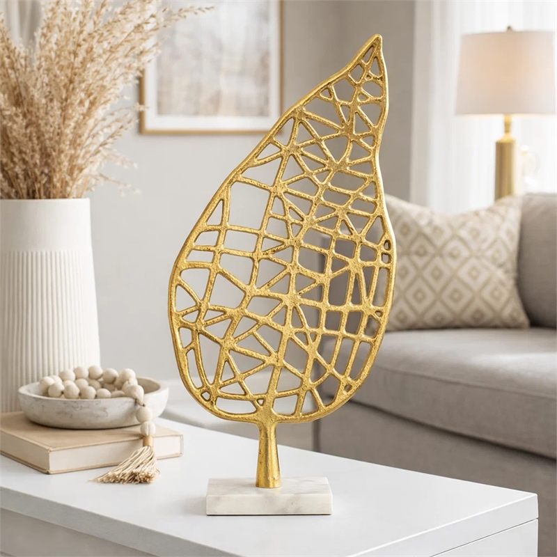 Leaf Tabletop Decor Sculpture- 16 Inch Gold Metal on White Marble Base