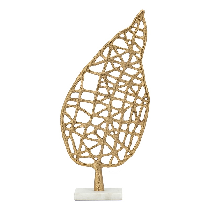 Leaf Tabletop Decor Sculpture- 16 Inch Gold Metal on White Marble Base