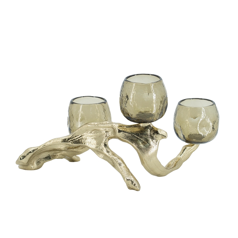 Dyna Votive with 3 Holders- Multiple Branches Accents- Gold Glass 16 Inch