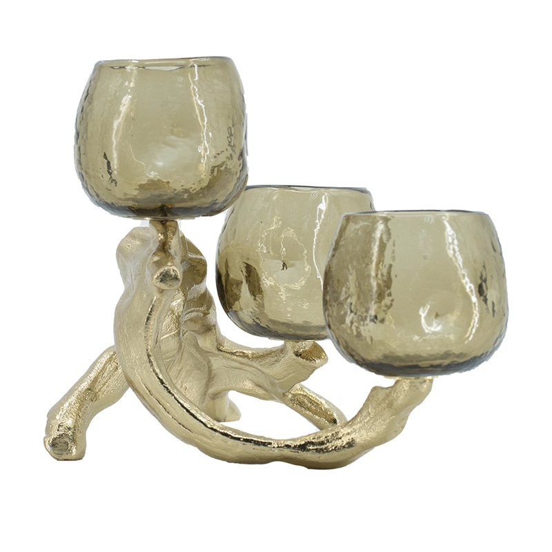 Dyna Votive with 3 Holders- Multiple Branches Accents- Gold Glass 16 Inch