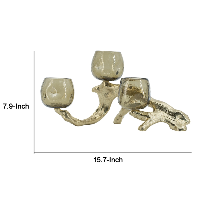 Dyna Votive with 3 Holders- Multiple Branches Accents- Gold Glass 16 Inch