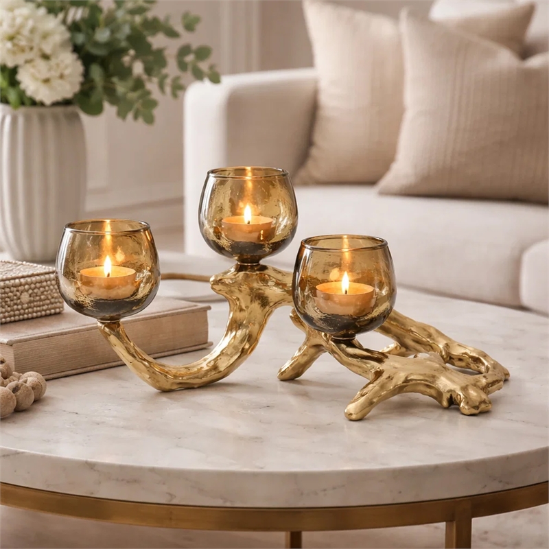 Dyna Votive with 3 Holders- Multiple Branches Accents- Gold Glass 16 Inch