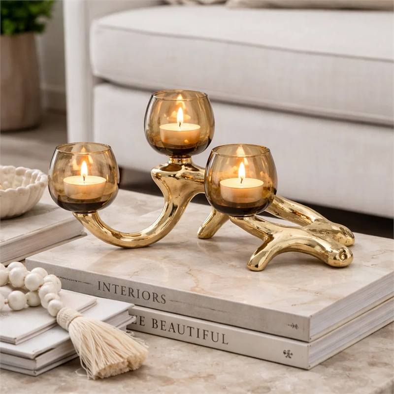 Dyna Votive with 3 Holders- Multiple Branches Accents- Gold Glass 16 Inch