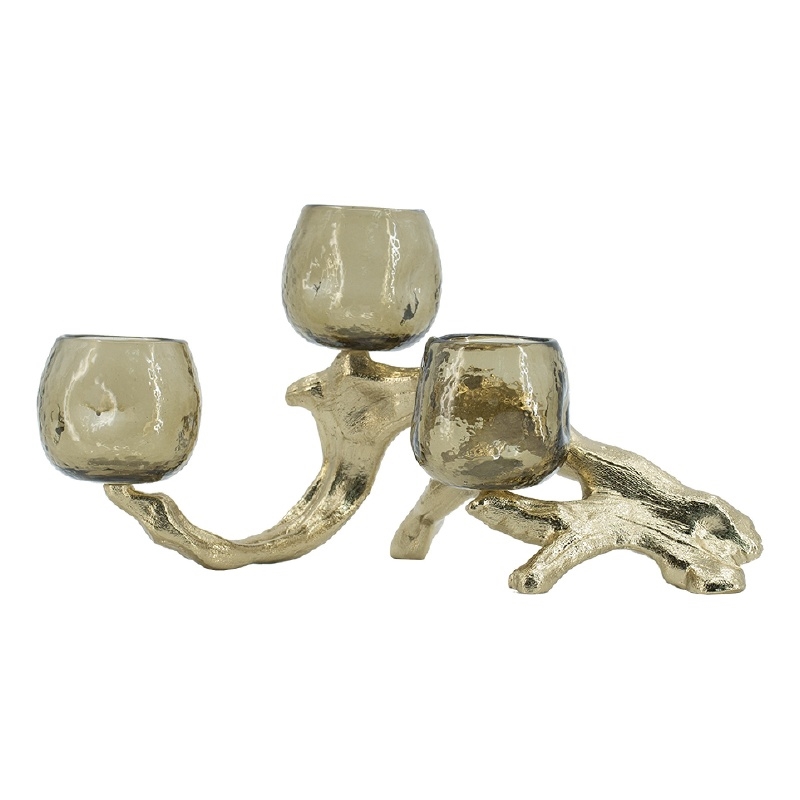 Dyna Votive with 3 Holders- Multiple Branches Accents- Gold Glass 16 Inch