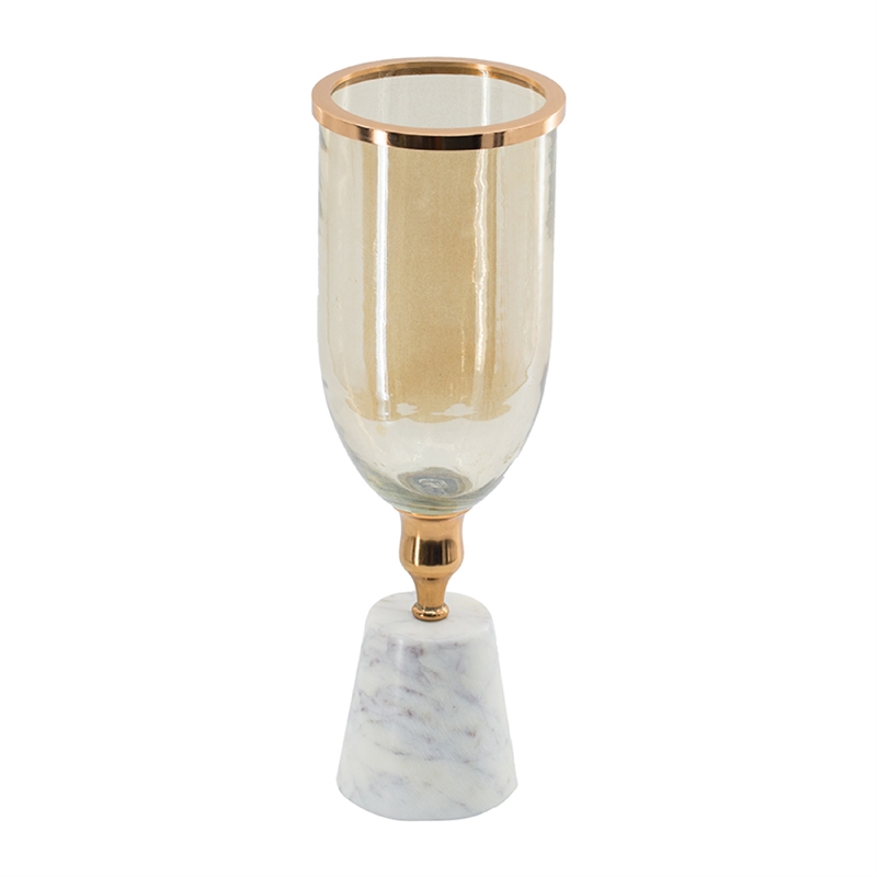 Kylie Decorative Vase with White Marble Base- Aluminum- Gold Glass 16 Inch