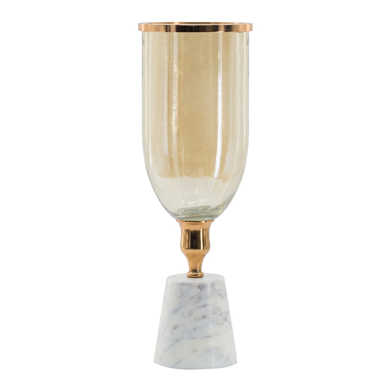 Kylie Decorative Vase with White Marble Base- Aluminum- Gold Glass 16 Inch