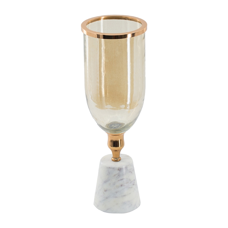 Kylie Decorative Vase with White Marble Base- Aluminum- Gold Glass 16 Inch