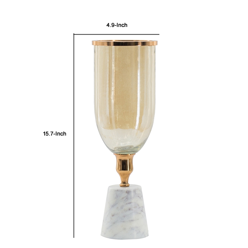 Kylie Decorative Vase with White Marble Base- Aluminum- Gold Glass 16 Inch