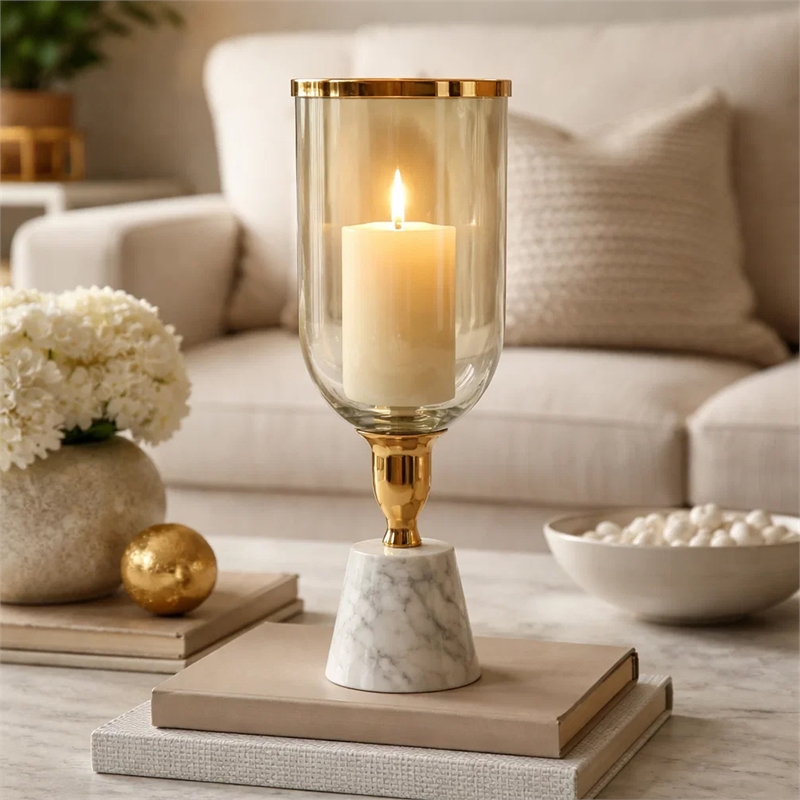 Kylie Decorative Vase with White Marble Base- Aluminum- Gold Glass 16 Inch