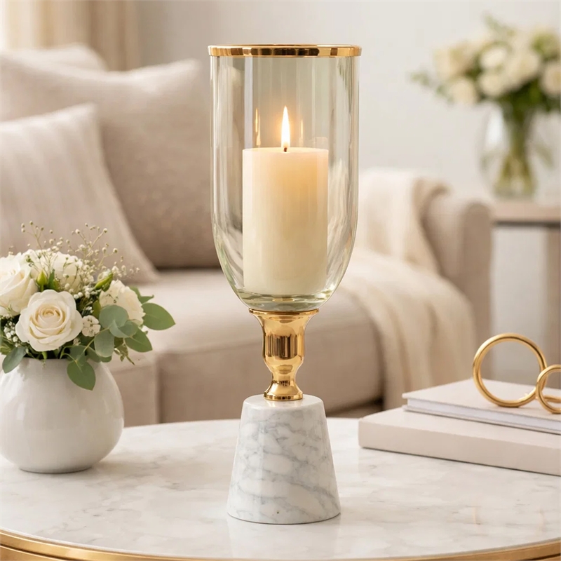 Kylie Decorative Vase with White Marble Base- Aluminum- Gold Glass 16 Inch