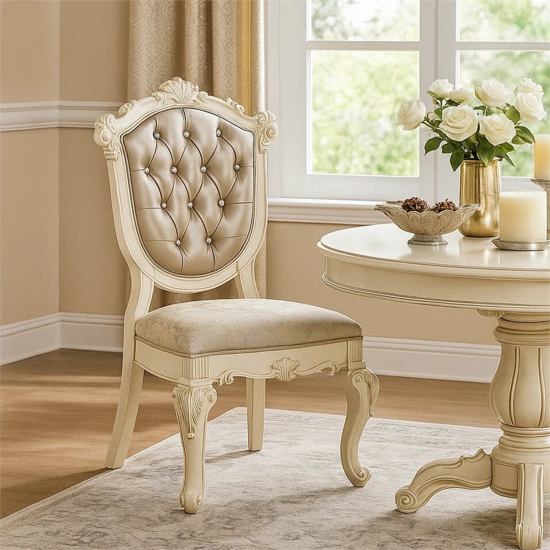 Cheny Dining Side Chair Set of 2- Faux Leather- Baroque Pearl Beige