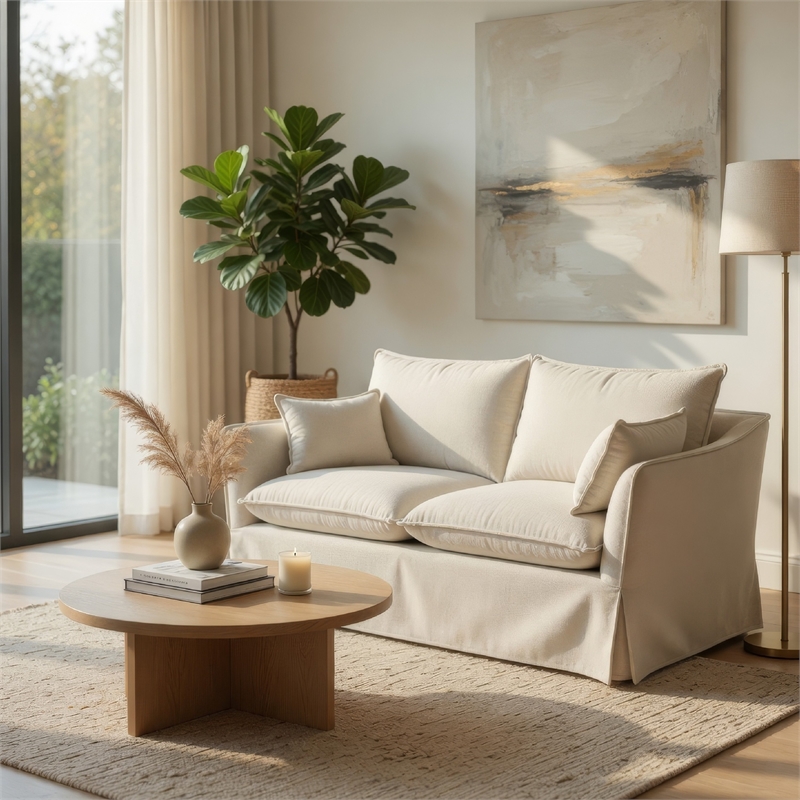 Seya Modern Loveseat with 2 Pillow- Beige Linen Plush Cushions- 58 Inch