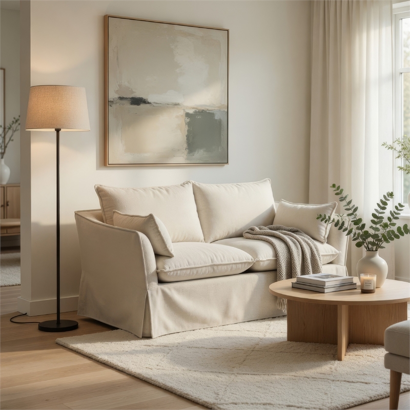 Seya Modern Loveseat with 2 Pillow- Beige Linen Plush Cushions- 58 Inch